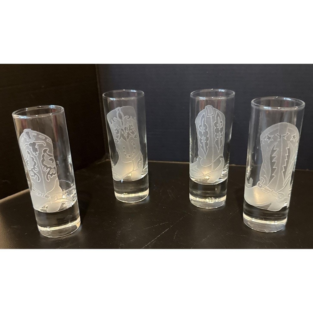 Evergreen Crystal‎ Shot Glasses Etched  Cowboy Boot Lorraine Coyle Set Of 4